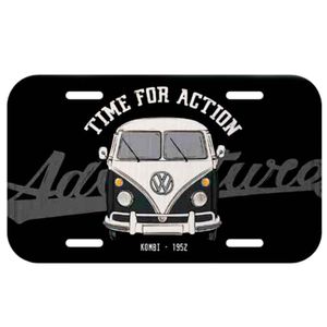 Placa-De-Carro-Metal-Volkswagen-Kombi-Time-For-Action-Preta