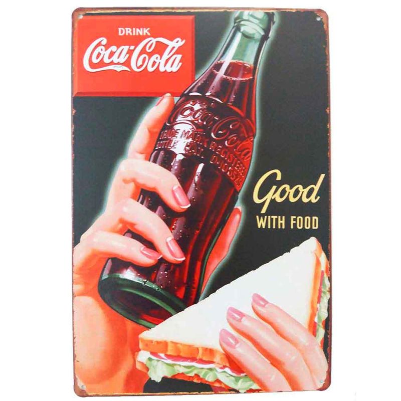 Placa-De-Metal-Decorativa-Coca-Cola-Good-With-Food-Vintage