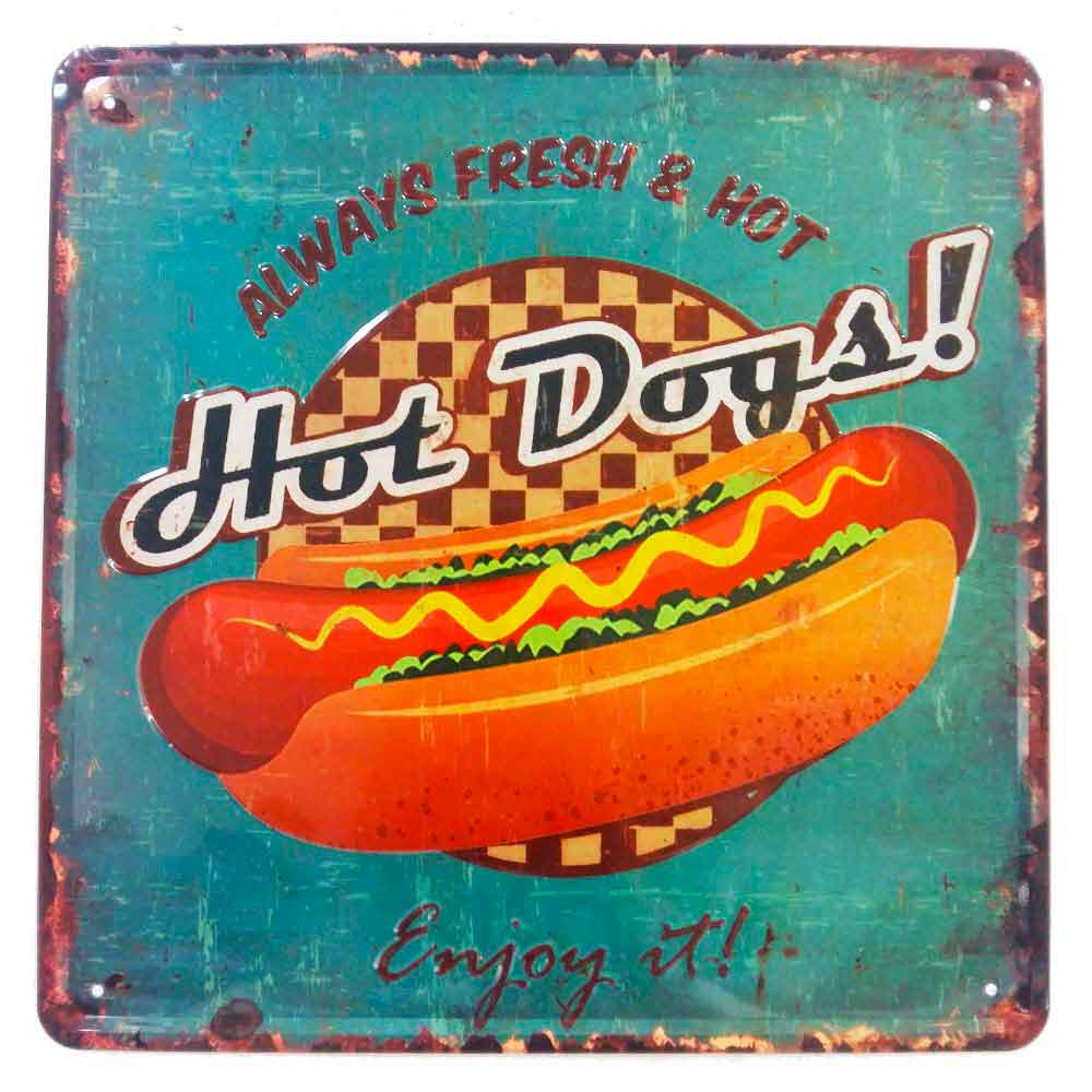 Placa-De-Metal-Decorativa-Vintage-Hot-Dogs